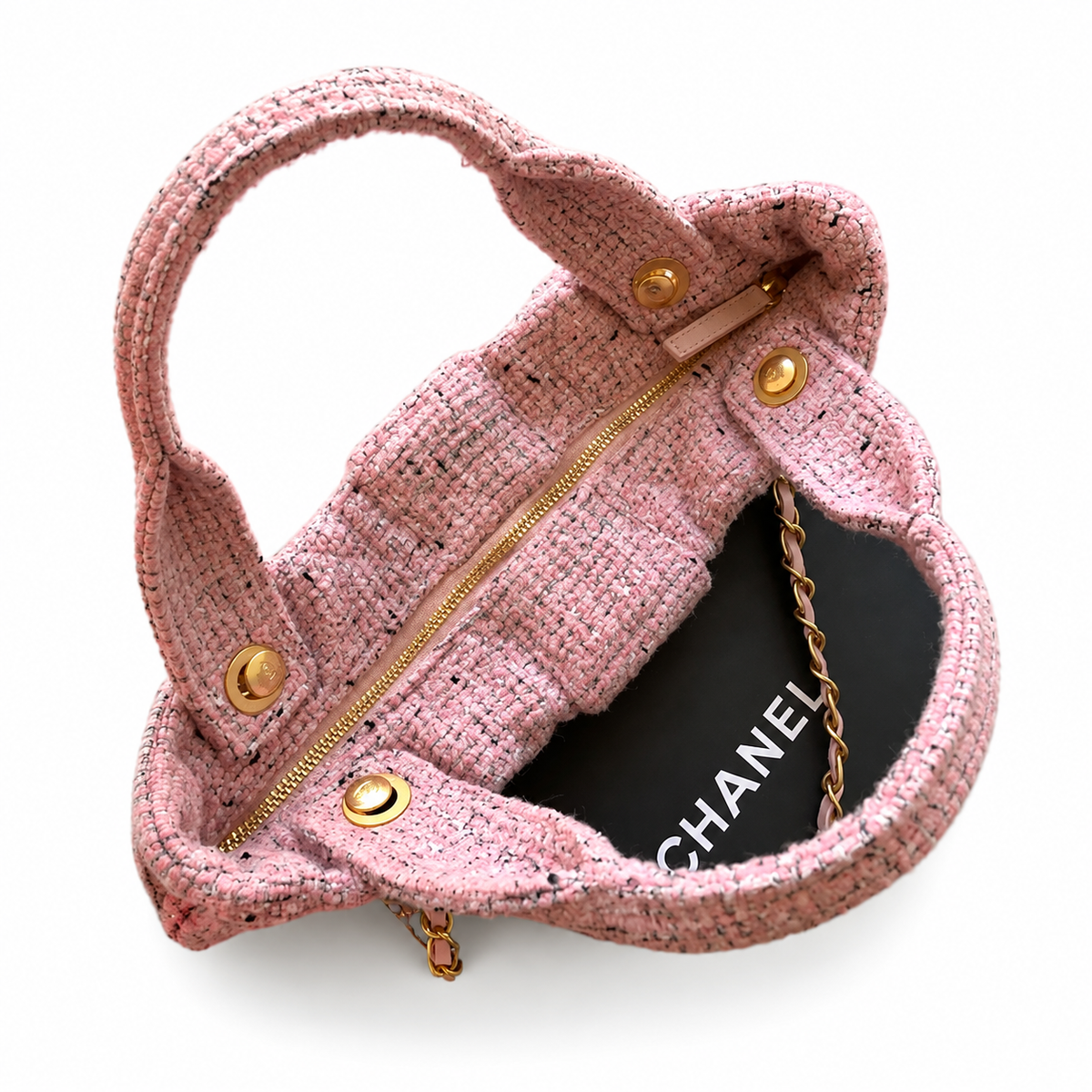 Chanel Pink Bouclé Tweed Large Shopping Tote | CC Gold Chain Pink — 29x38cm