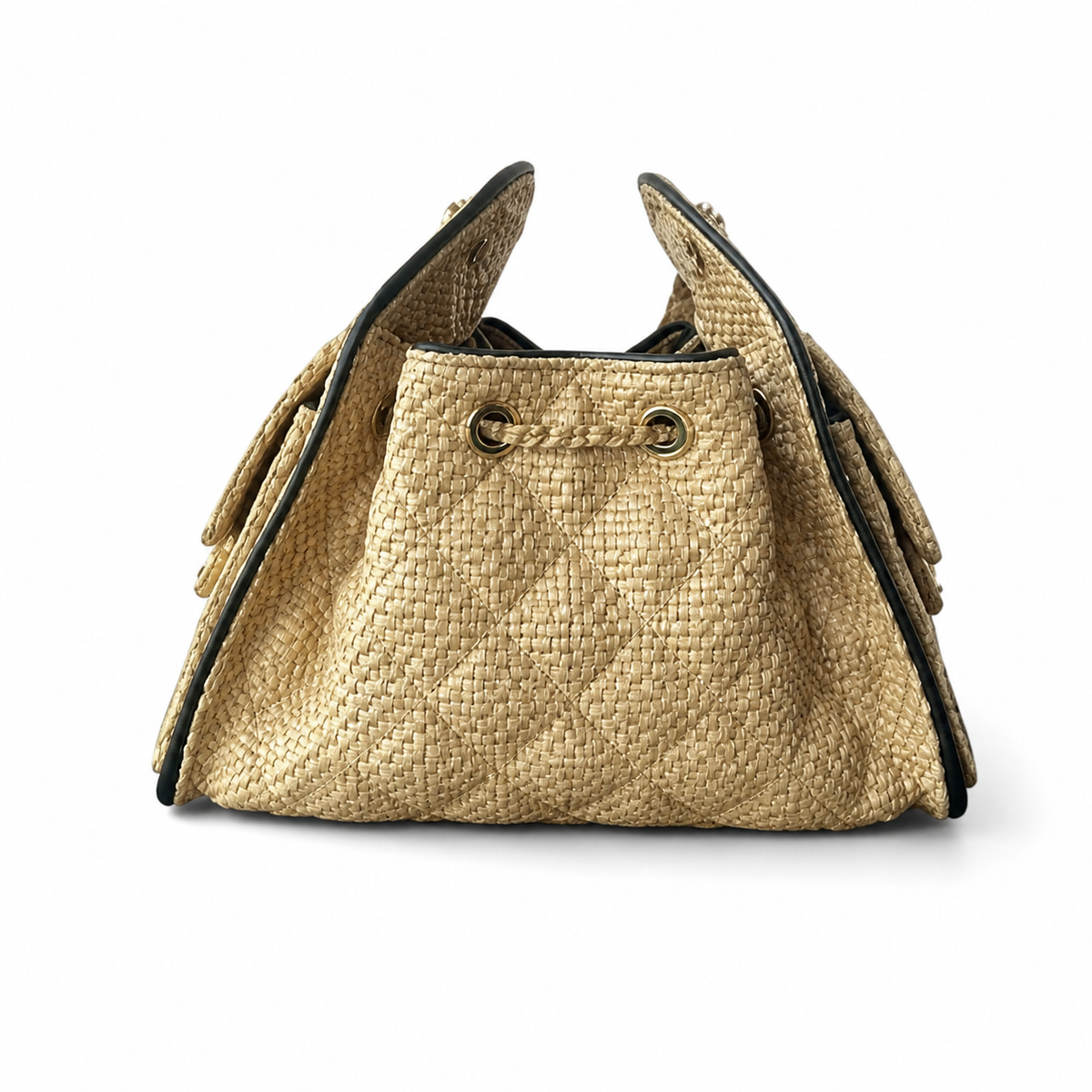 Chanel Raffia Drawstring Bucket Bag Natural Beige | Oversized Gold CC Medallion — 22cm