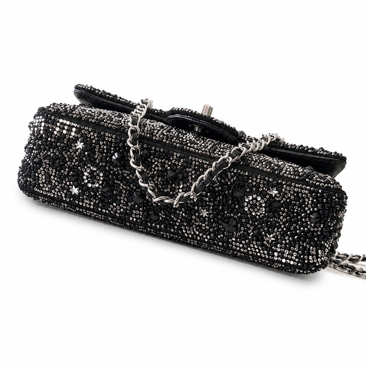 Chanel Crystal Star Flap Bag | CC Turn-Lock Silver Chain Black — 20cm