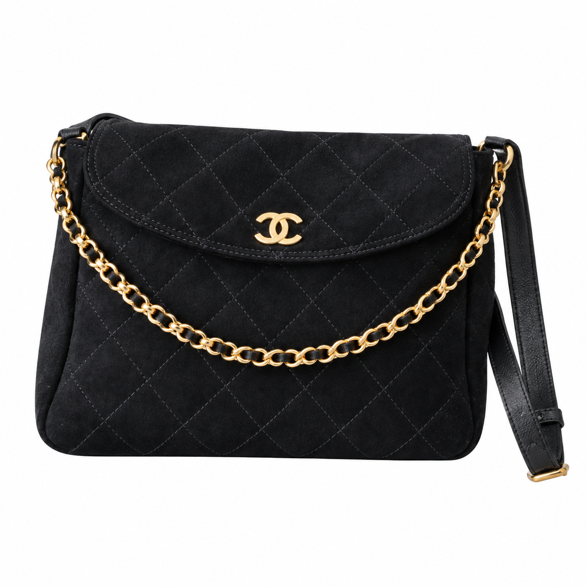 Chanel Quilted Suede Flap Shoulder Bag Black 25×30×7cm