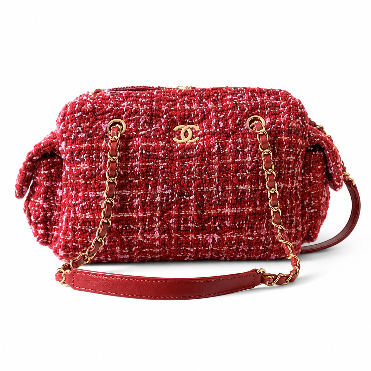 Chanel Red Multicolour Bouclé Tweed Camera Bag | Front Zip Pocket, Antique Gold CC & Red Leather Chain