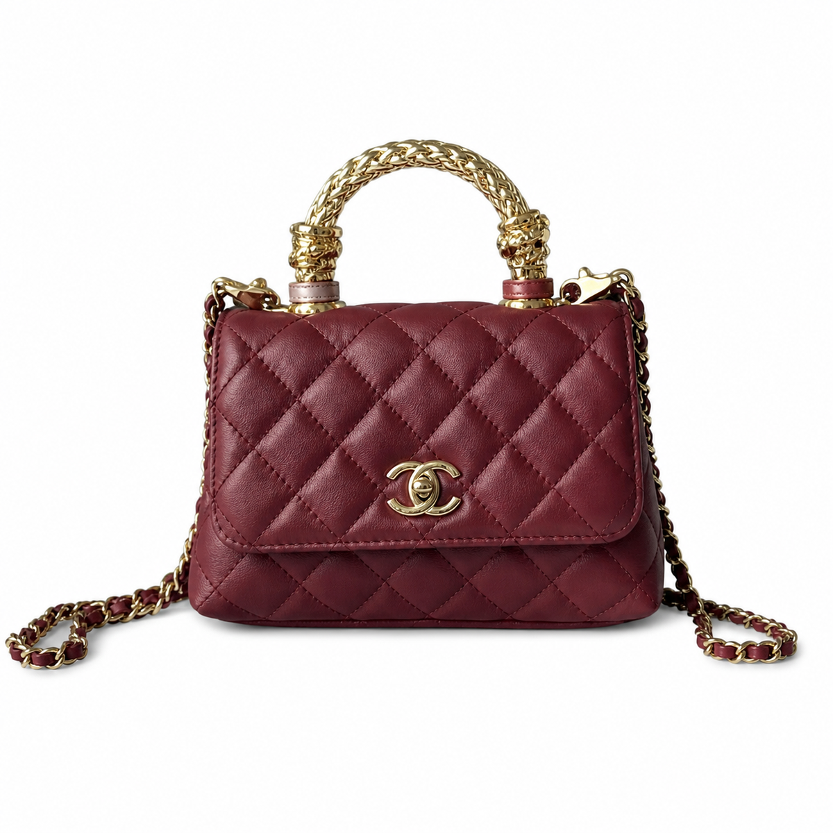 Chanel Burgundy Quilted Lambskin Mini Flap | Camellia Charm Jeweled Handle — 19cm