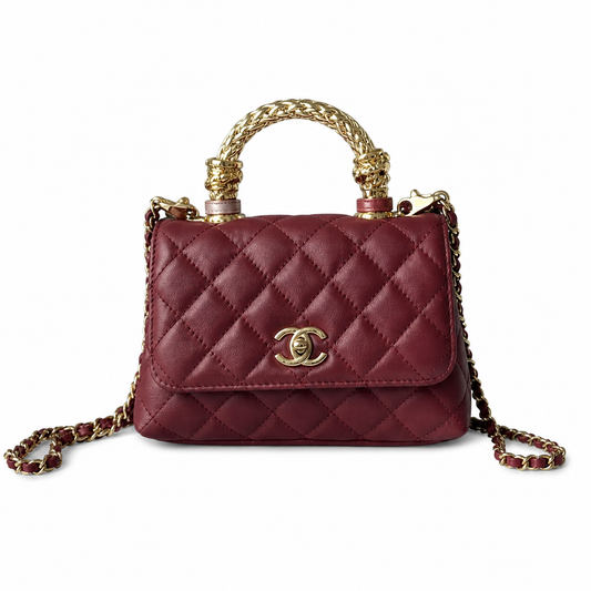 Chanel Burgundy Quilted Lambskin Mini Flap | Camellia Charm Jeweled Handle — 19cm