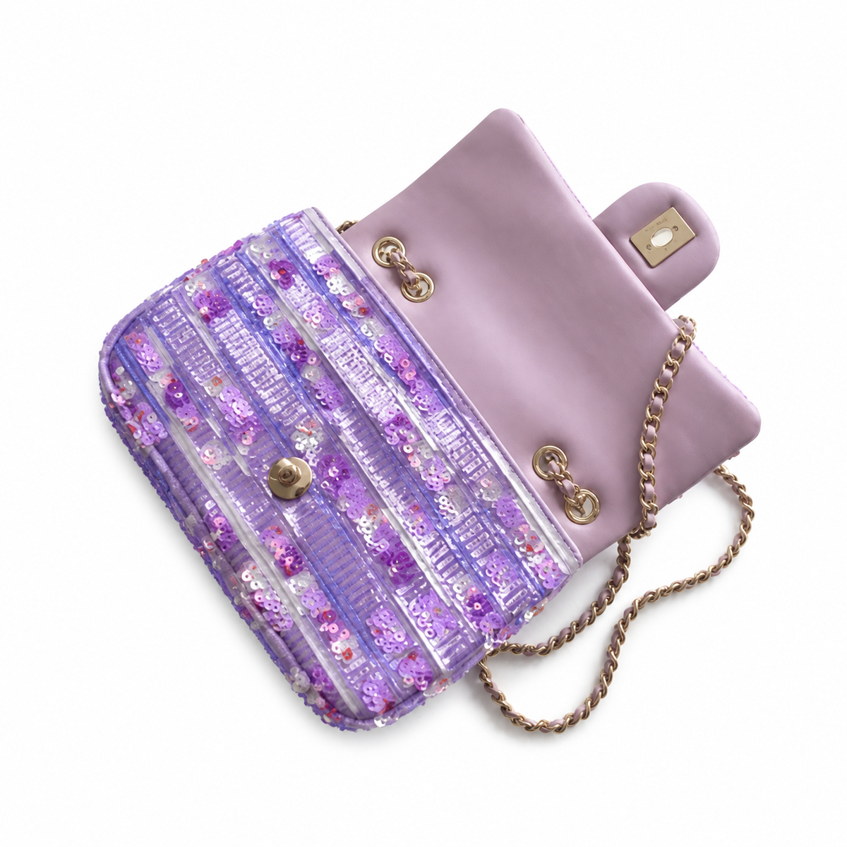 Chanel Lavender Sequin Classic Double Flap | Horizontal Shimmer & Pink Accents — 21cm