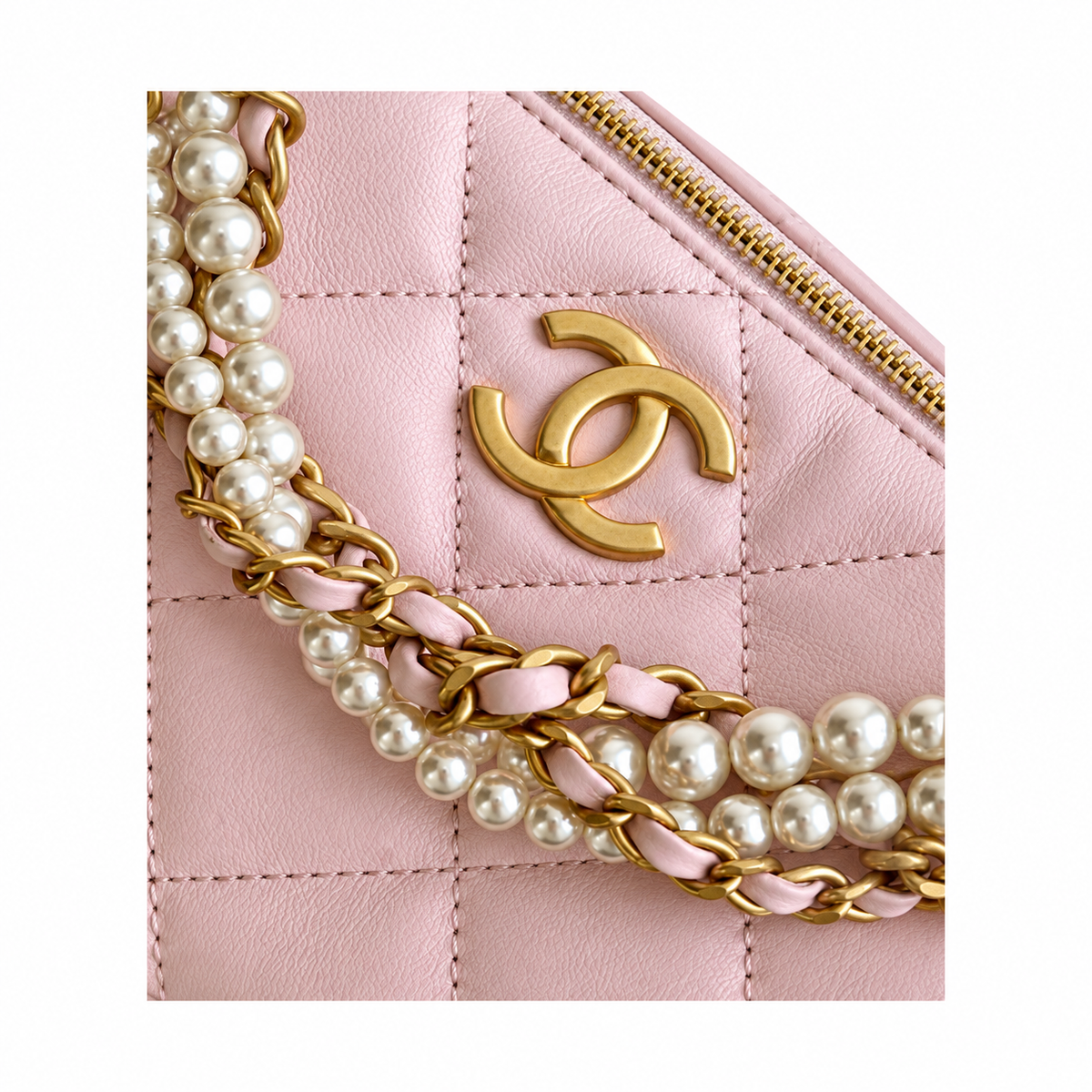 Chanel Quilted Pearl Chain Hobo Bag Pink 13×23.5×7.5cm
