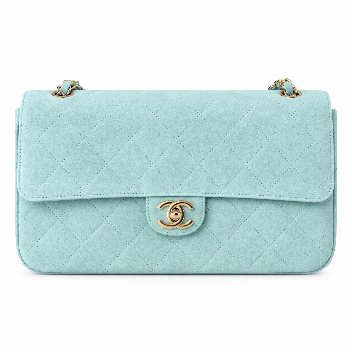 Chanel Classic Double Flap Jumbo Quilted Suede Mint Gold 32cm