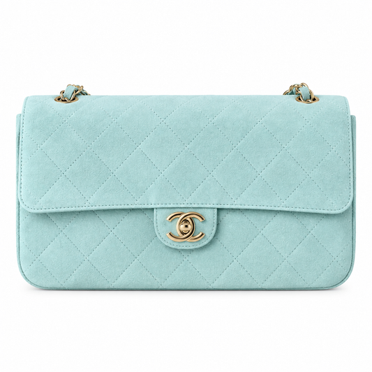 Chanel Classic Double Flap Jumbo Quilted Suede Mint Gold 32cm