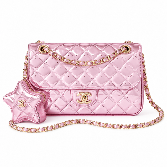 Chanel Quilted Metallic Flap Bag with Star Coin Purse Pink 15.5×24×7.5cm