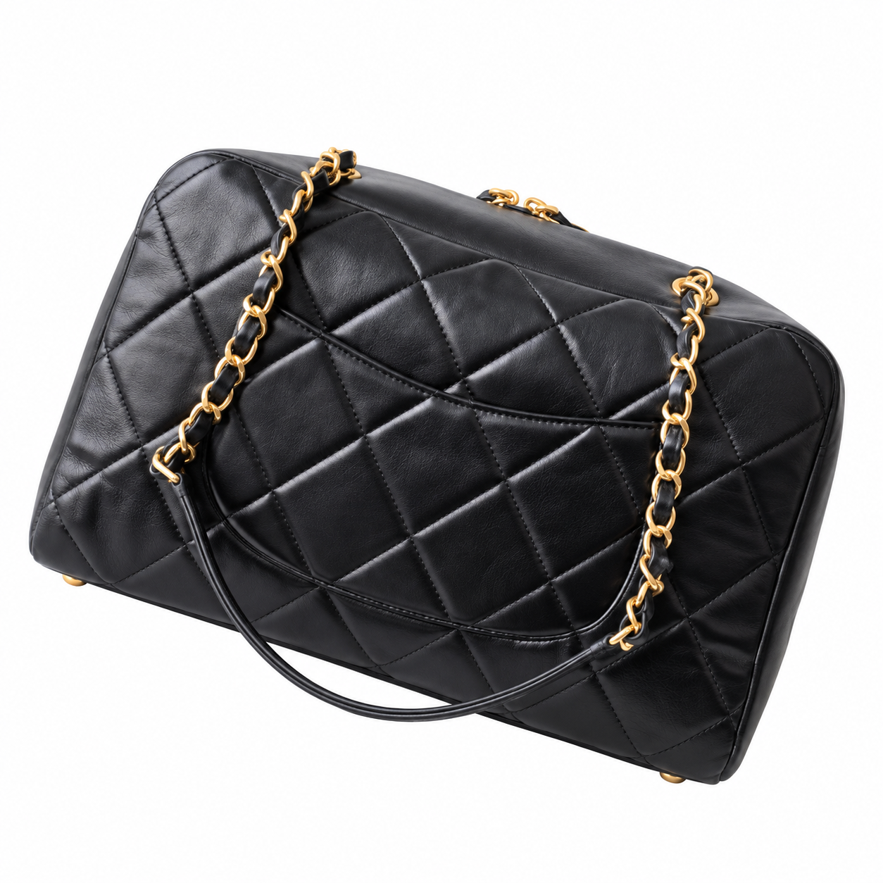 Chanel Quilted Lambskin Dual Pocket Bowling Bag Black 21×33×15cm