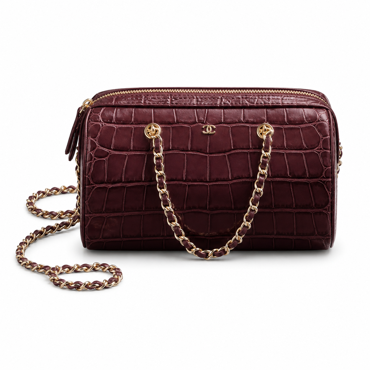 Chanel Burgundy Croc-Embossed Mini Bowling Bag | Gold CC & Chain — 19cm