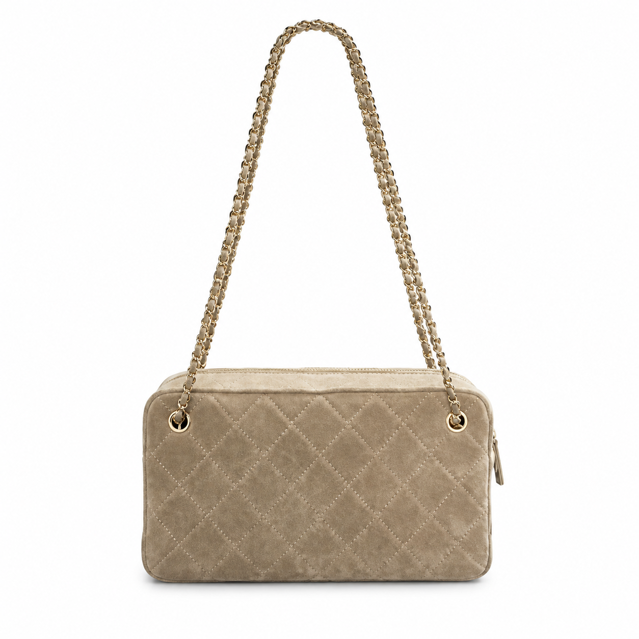 Chanel Camel Suede Quilted Camera Bag | CC Turn-Lock Front Pocket, Top Zip & Gold Chain