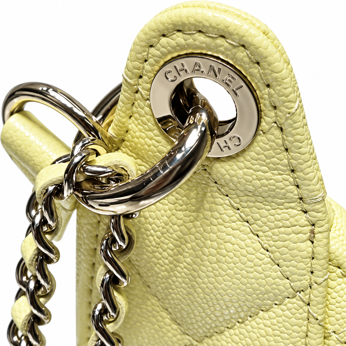 Chanel Crescent Hobo Quilted Caviar Lemon Yellow Leather Handle Gold 22cm