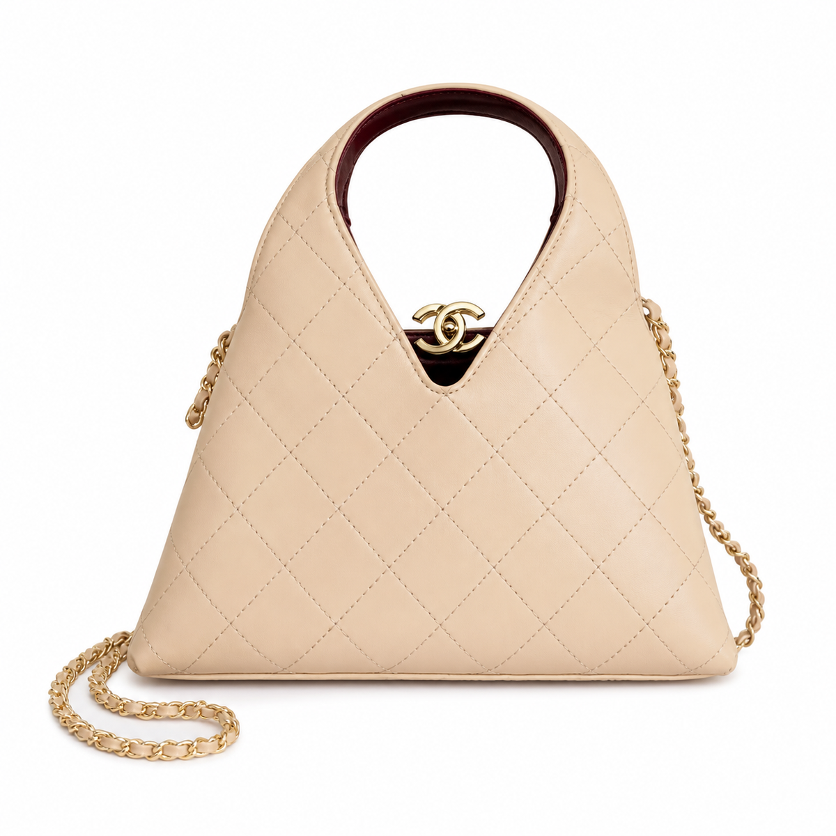Chanel Large Hobo Bag Warm Beige Diamond-Quilted Lambskin | Burgundy Interior & Gold CC Clasp — 32cm