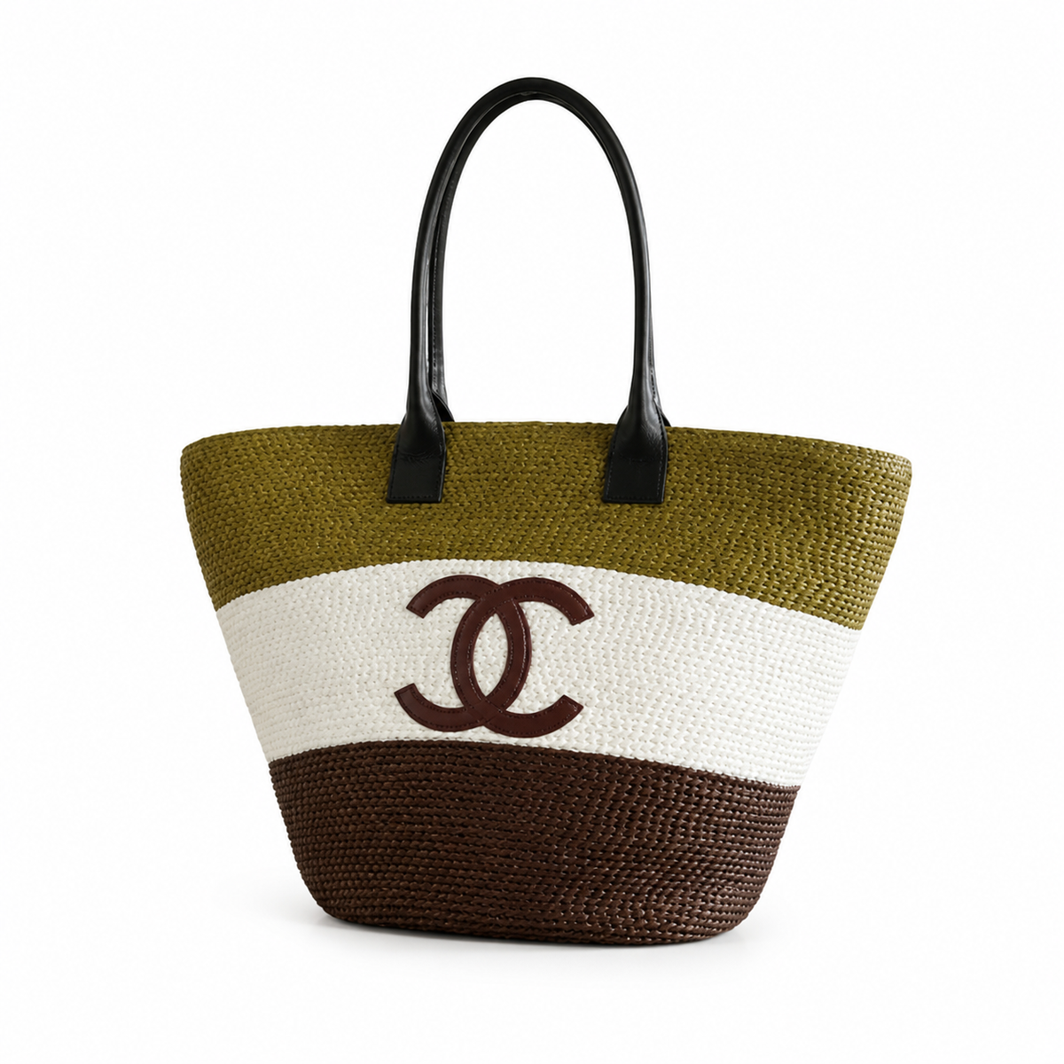 Chanel Olive, Ivory & Espresso Raffia Market Tote | Brown CC on White — 58cm