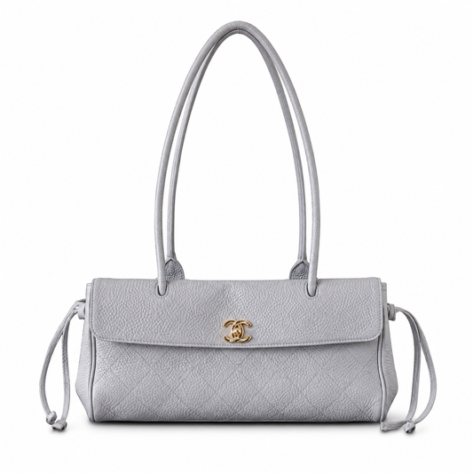 Chanel Lavender Grey Quilted Caviar Flap Tote | Dual Handles & Side Drawstring Detail