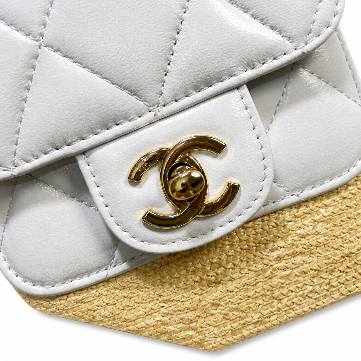Chanel Small Basket Bag Natural Raffia & White Quilted Lambskin | Silver CC Turn-Lock — 41cm