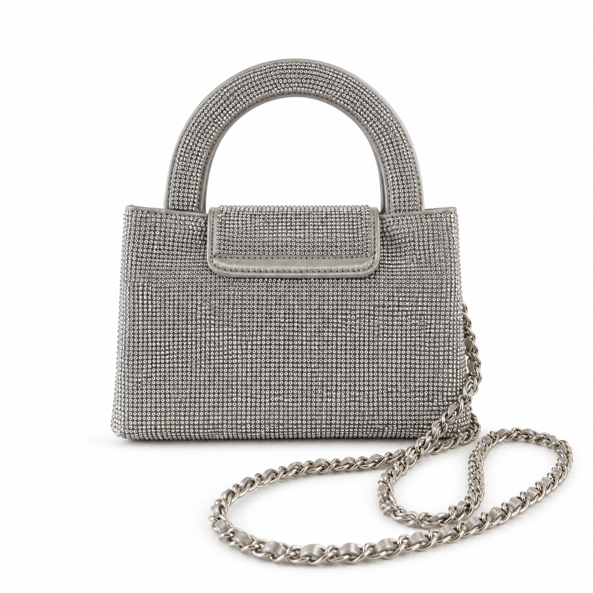 Chanel Silver Crystal Mini Top-Handle Flap | Gold CC Turn-Lock & All-Chain Strap — 19cm