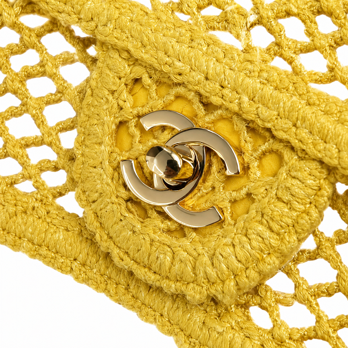 Chanel Sunshine Yellow Open-Weave Crochet Classic Double Flap | Gold CC — 21cm