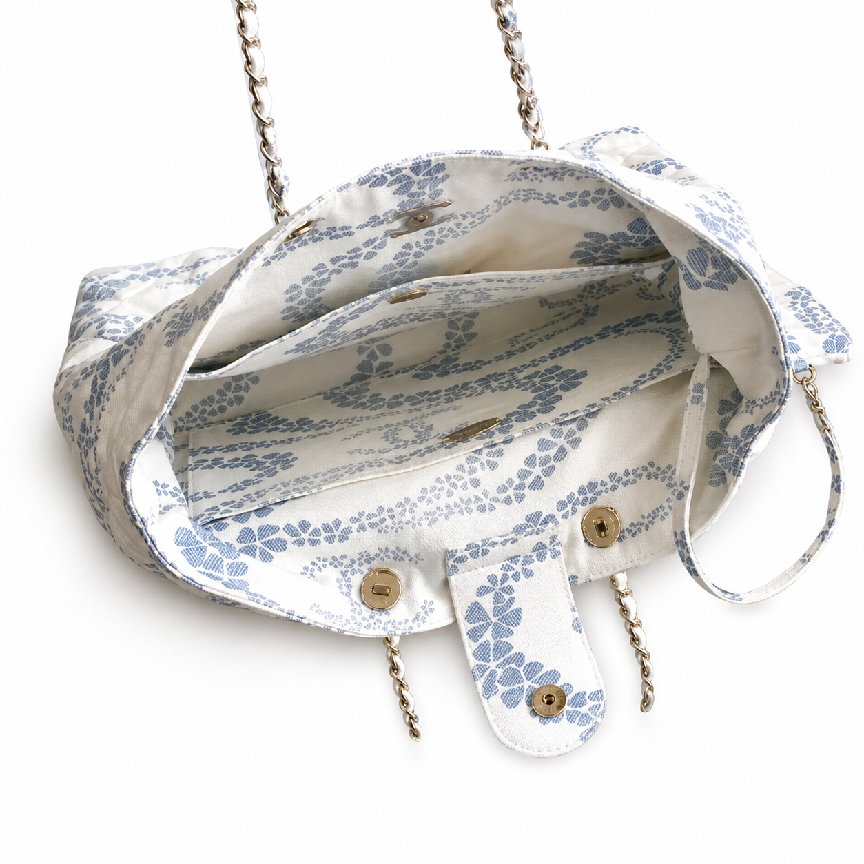 Chanel White & Blue Floral Jacquard Quilted Shopping Tote | White-Rimmed Gold CC Turn-Lock & Gold Chain Shoulder Strap