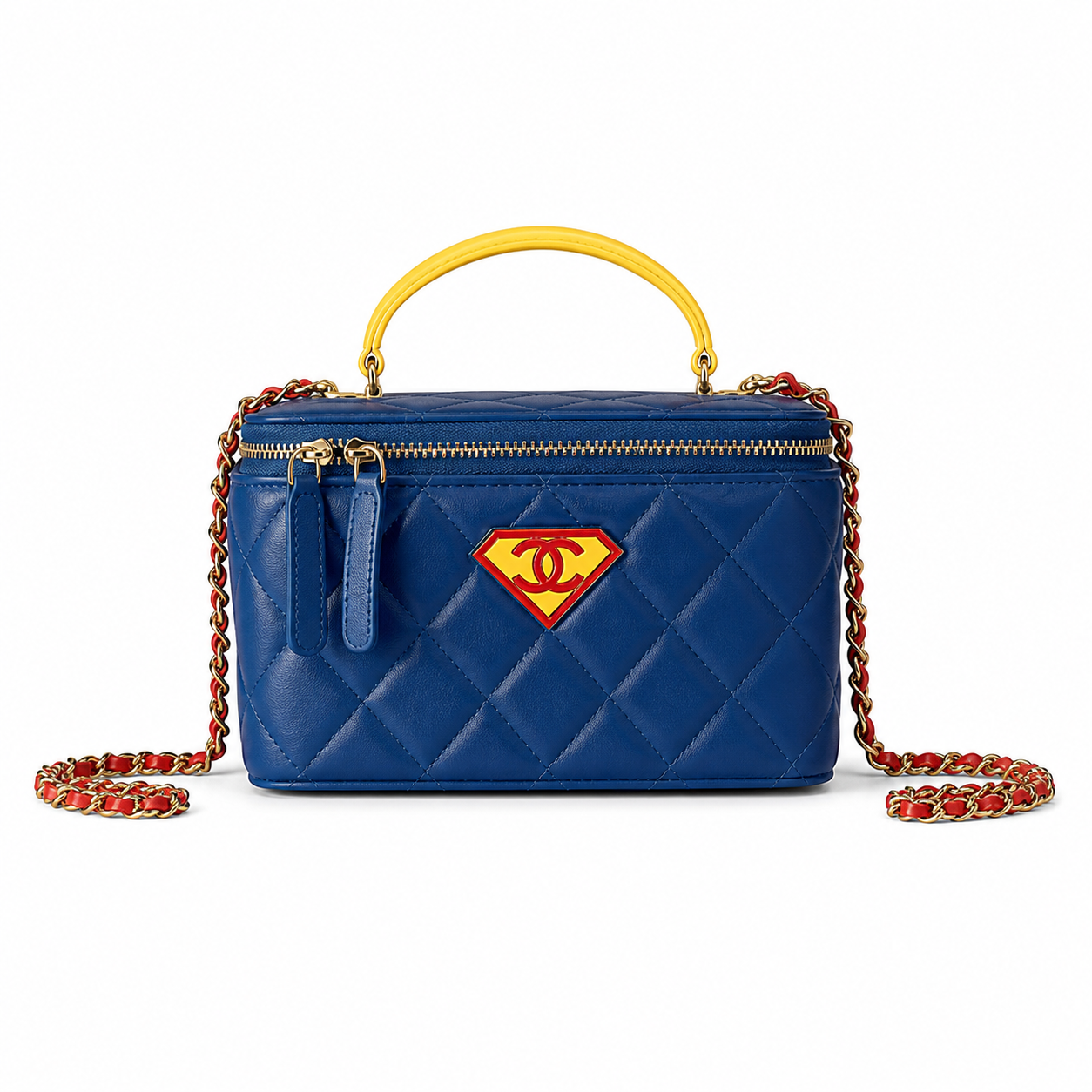 Chanel Tricolor Blue, Red & Yellow Quilted Lambskin Vanity Box | Yellow Handle — 17cm