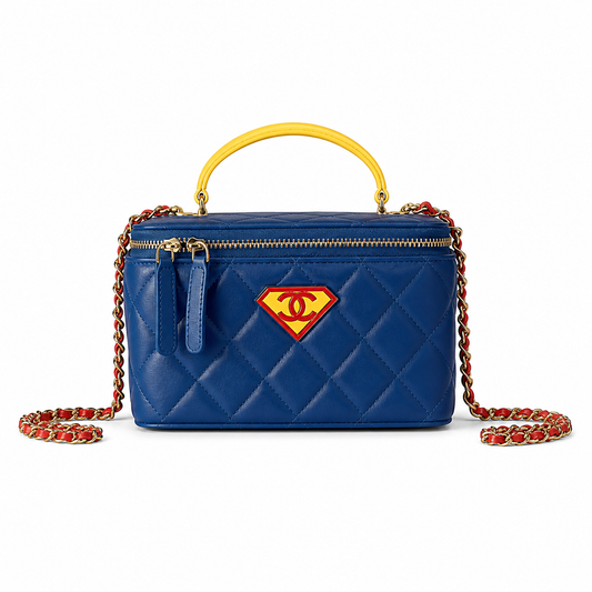 Chanel Tricolor Blue, Red & Yellow Quilted Lambskin Vanity Box | Yellow Handle — 17cm