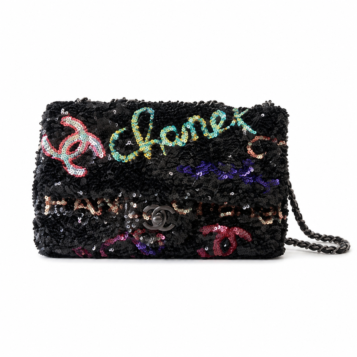 Chanel Black Sequin Graffiti Flap Bag | Neon Pink & Purple CHANEL COCO Text, Turquoise Accent & Gunmetal Chain