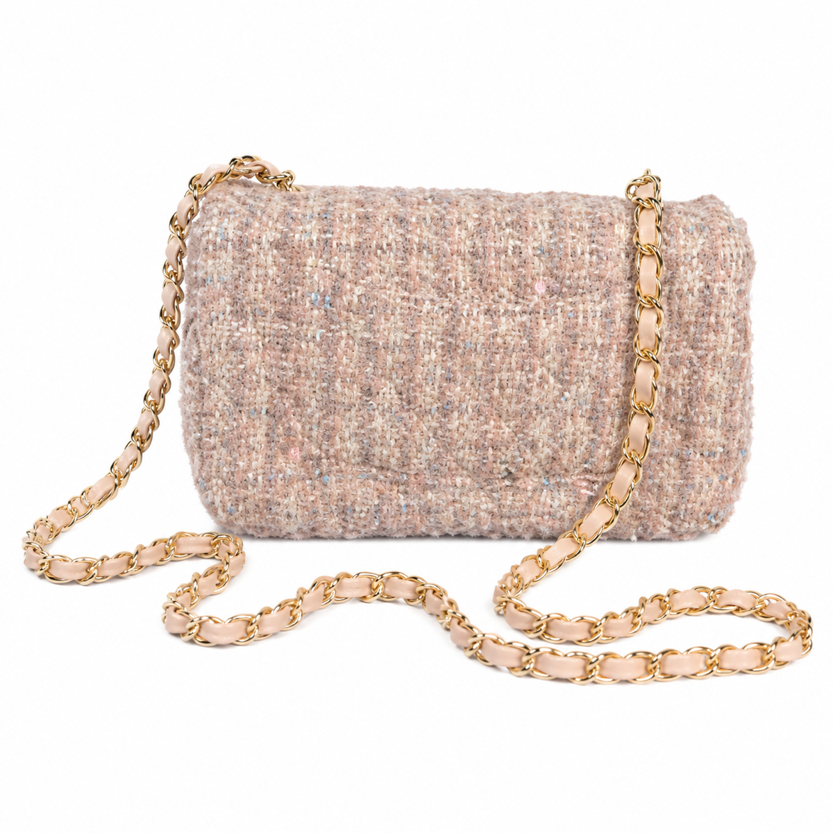 Chanel Classic Small Flap Bag Blush Pink Sequin-Embellished Tweed | Gold CC & Pink Chain — 20cm