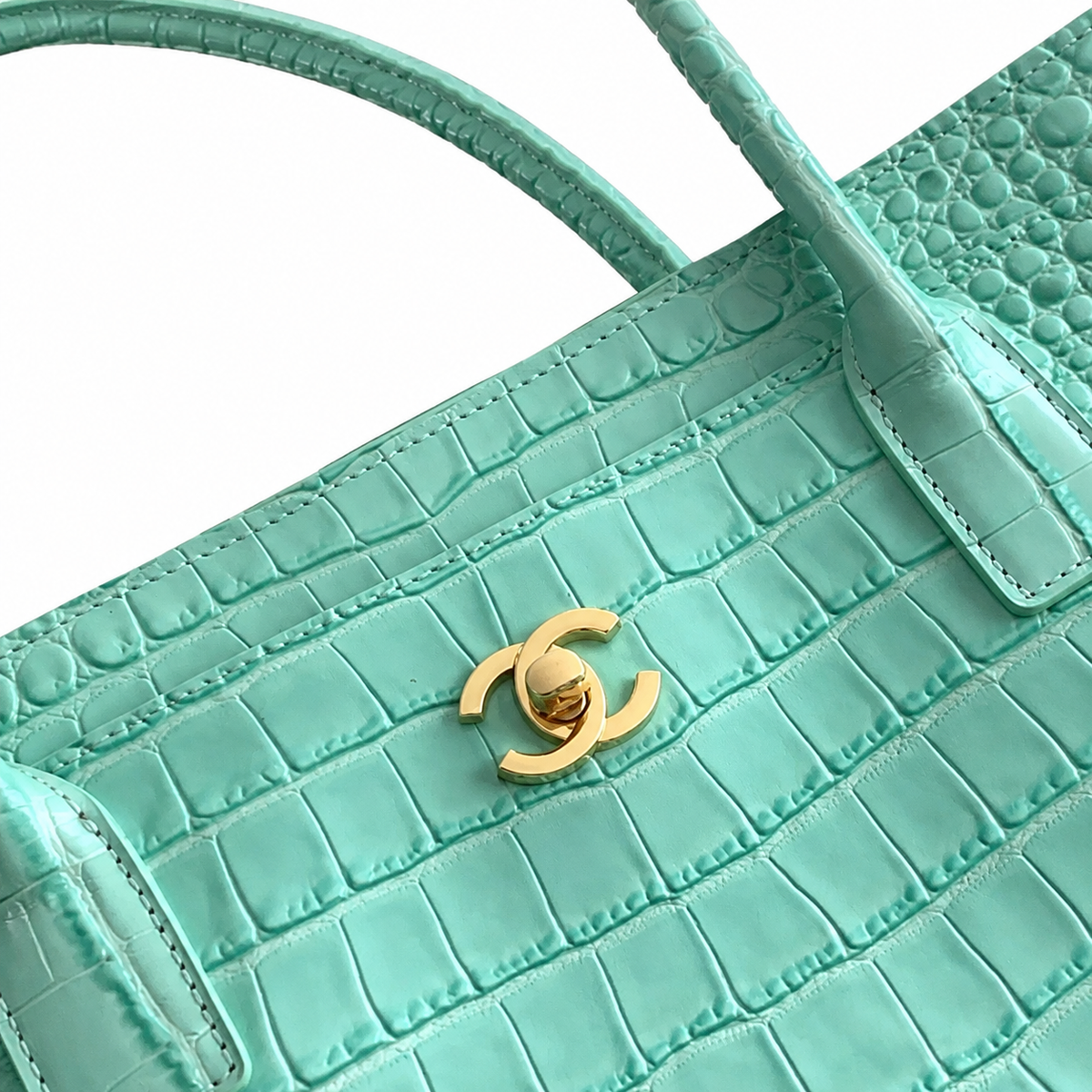 Chanel Mint Jade Croc-Embossed Large Shopping Tote | Gold CC Turn-Lock & Tonal Handles