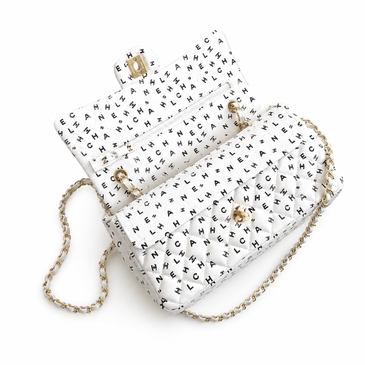 Chanel White Logo-Print Quilted Classic Double Flap Bag