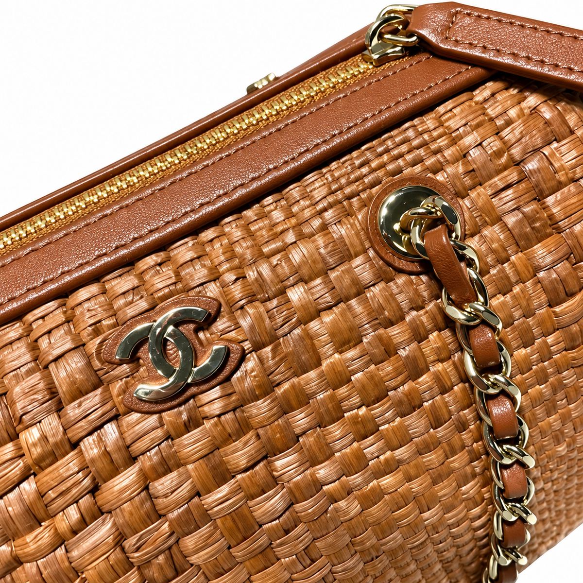 Chanel Raffia Barrel Bag Woven Caramel Gold Chain Extra-Long Strap 18.5cm