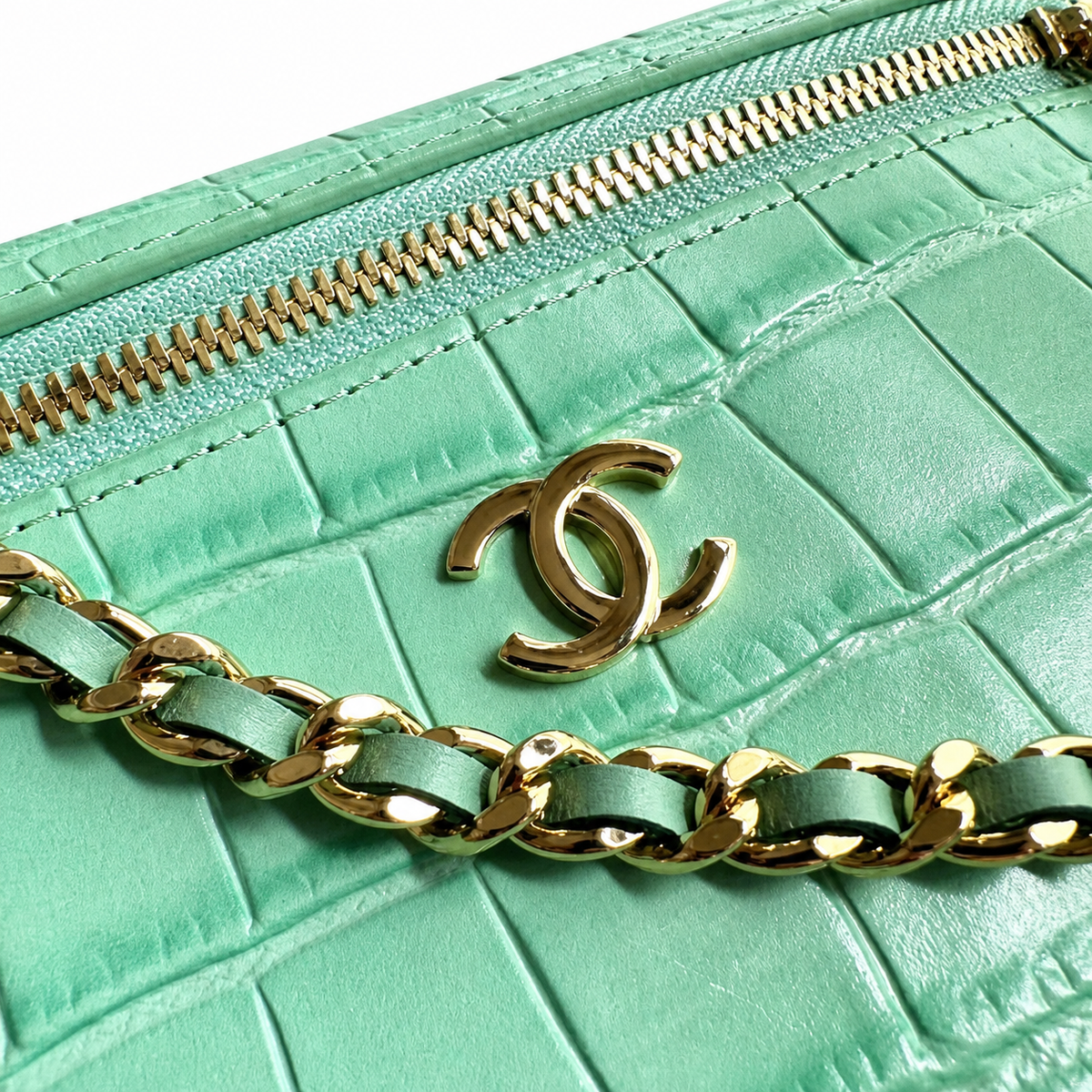Chanel Mint Green Croc-Embossed Patent Vanity Case | Gold CC Logo, Top Handle & Tonal Chain