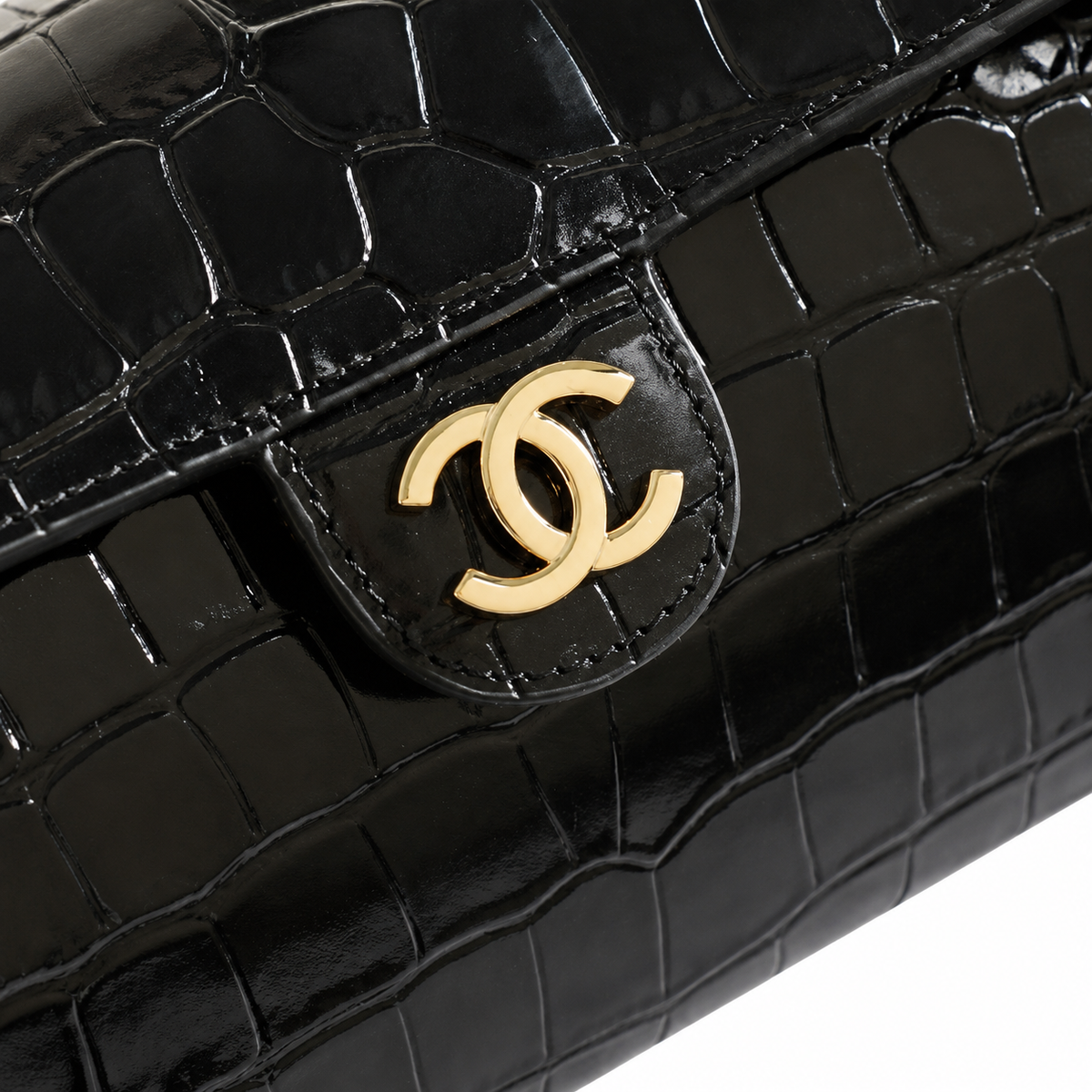 Chanel Black Croc-Embossed Patent Boxy Flap Bag | Arched Handle, Gold Turn-Lock & Chain