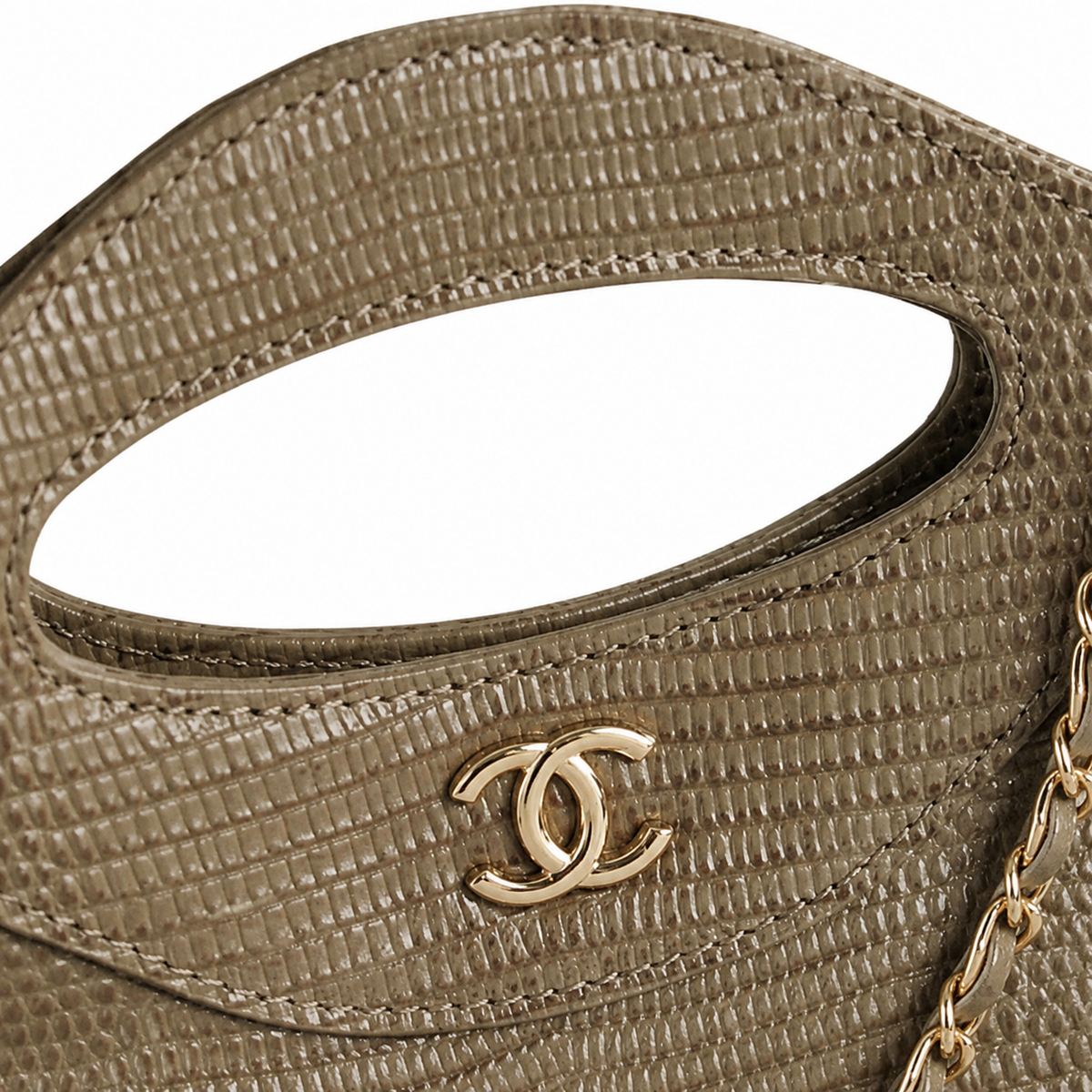 Chanel Olive Brown Lizard-Embossed Leather Tote | Cut-Out Handle, CC Logo & Gold Chain