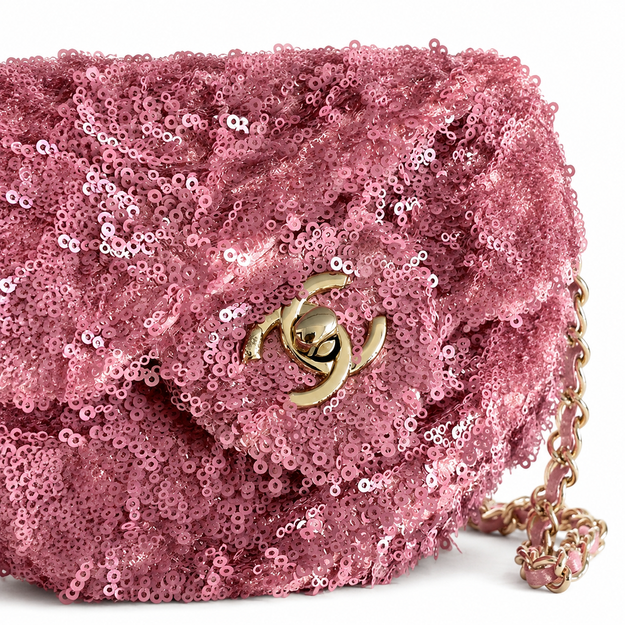 Chanel Pink Ring-Sequin & Leather Flap Bag | CHANEL PARIS Exterior Plaque, Rose Gold Chain & Full Pink Tonal System