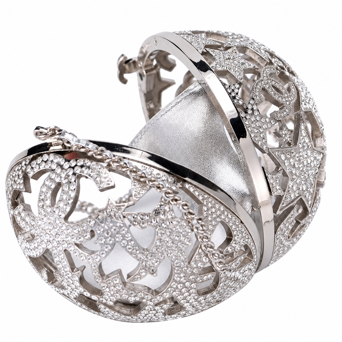 Chanel CC Crystal Star Globe Minaudiere | Silver Filigree & Chain — 13cm