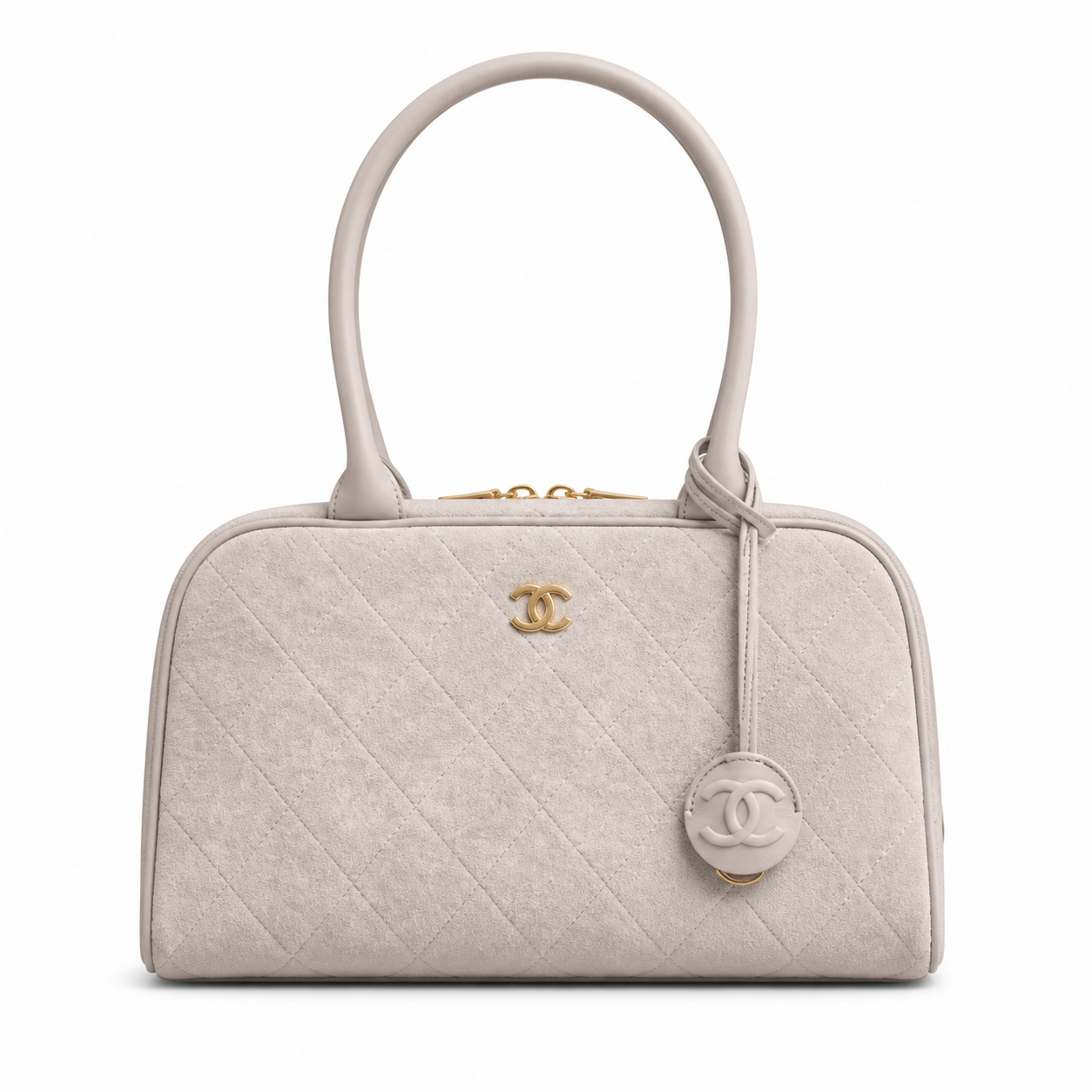 Chanel Bowling Bag Taupe Greige Diamond-Quilted Suede | Gold CC & Detachable Strap — 29cm