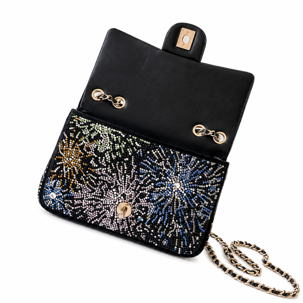 Chanel Black Suede Multicolour Crystal Rhinestone Flap Bag | Star-Field Front, Fireworks Starburst Back & Gold CC