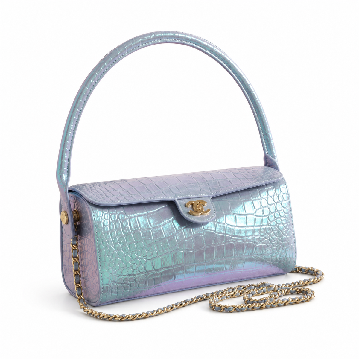 Chanel CC Iridescent Croc-Embossed Cylindrical Flap Bag | Gold — 23cm