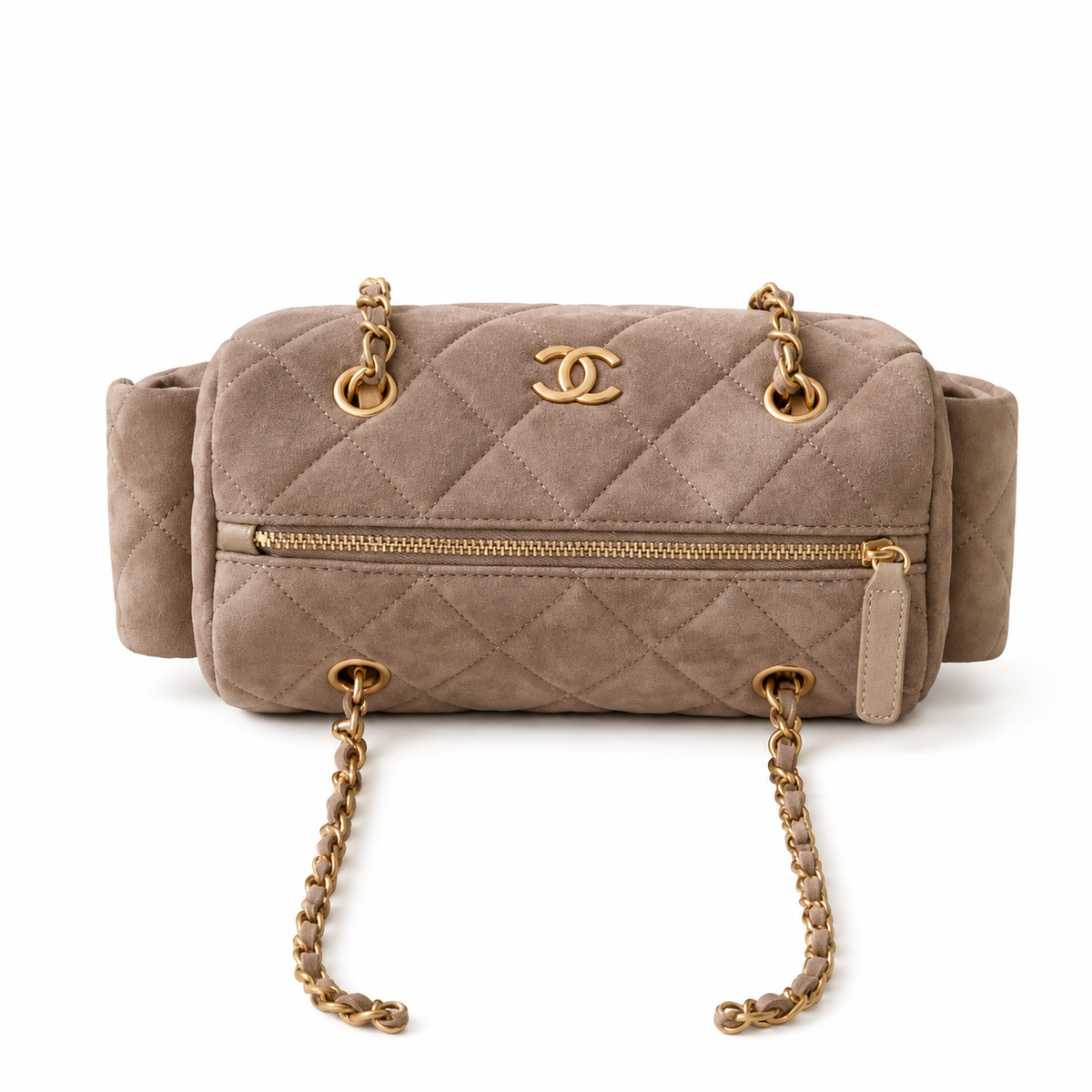 Chanel Warm Taupe Suede Quilted Camera Bag | Full-Length Gold Zipper, Dual Side Pockets & Double Chain