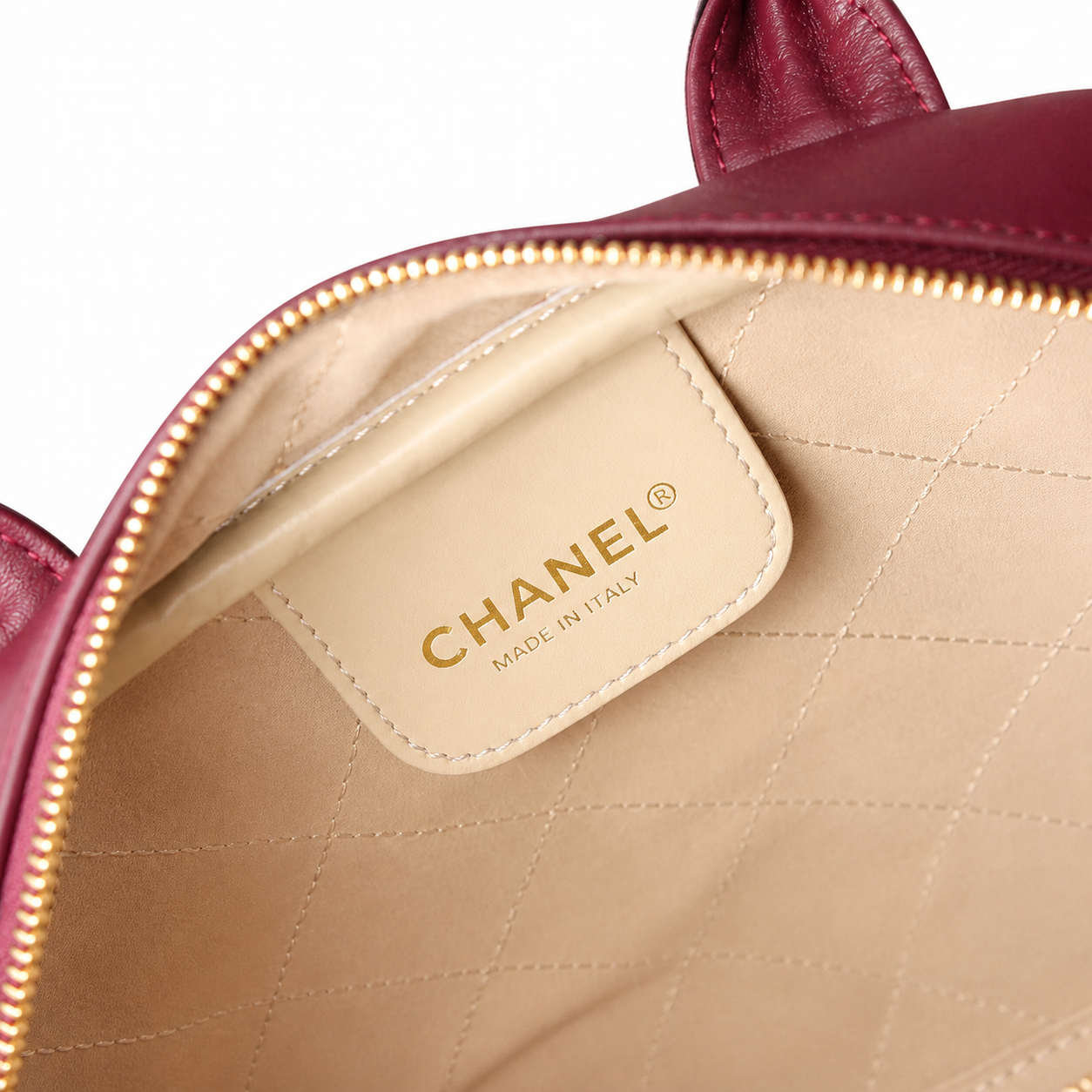 Chanel Bowling Bag Burgundy Embossed Lambskin | Logo-Minimal & Cream Interior — 29cm