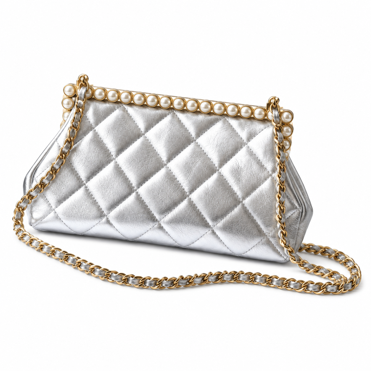 Chanel Pearl Top Frame Clutch Silver Metallic 10×20×7cm