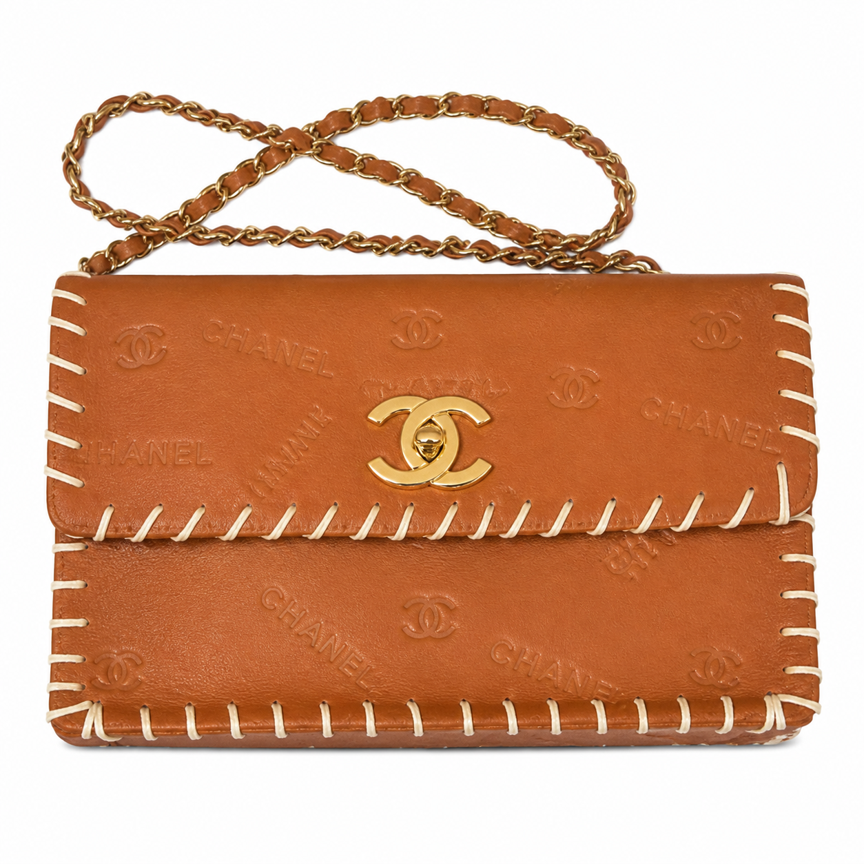 Chanel Large Flap Cognac CC Monogram Embossed | White Whipstitch & Gold Chain — 34cm