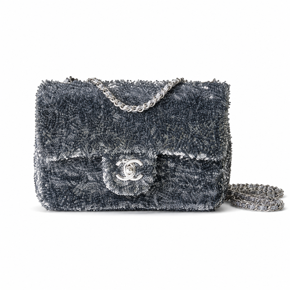 Chanel Charcoal Sequin Flap Bag | Crystal Tennis Chain Strap & Silver Snap Closure