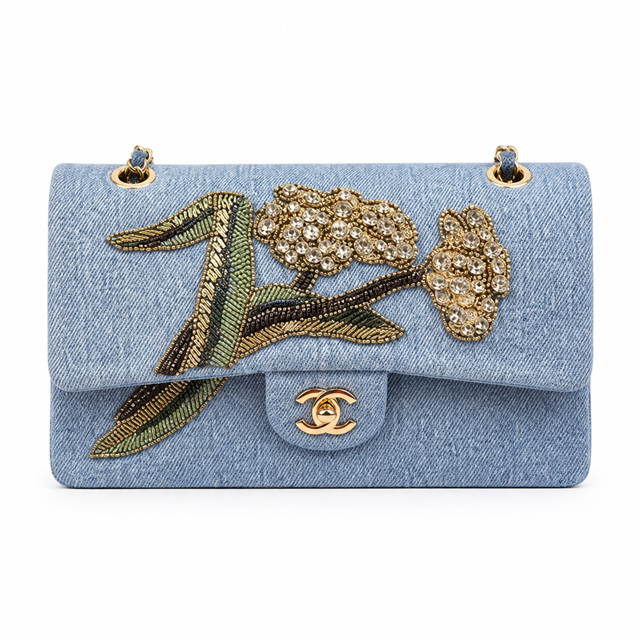 Chanel Light Blue Denim Mini Flap | Hand-Embroidered Crystal Flowers & Gold CC — 25.5cm