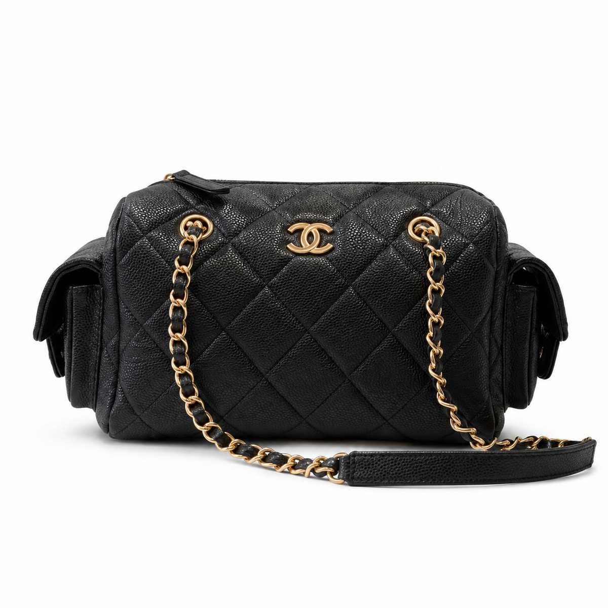 Chanel Black Caviar Leather Quilted Camera Bag | Oversized Antique Gold CC, Side Pockets & Double Chain with Leather Strap