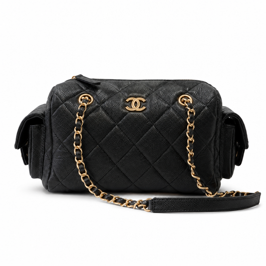 Chanel Black Caviar Leather Quilted Camera Bag | Oversized Antique Gold CC, Side Pockets & Double Chain with Leather Strap