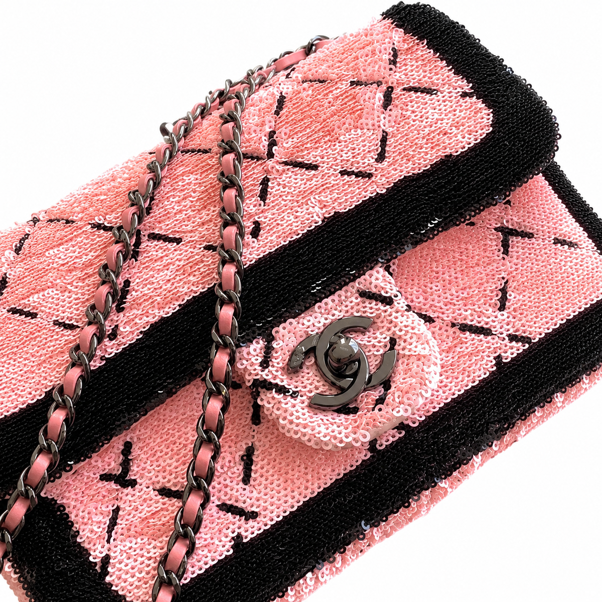 Chanel Pink Oversized Sequin Quilted Diamond Flap Bag | Black Micro-Sequin Grid & Border Frame, Gunmetal Chain