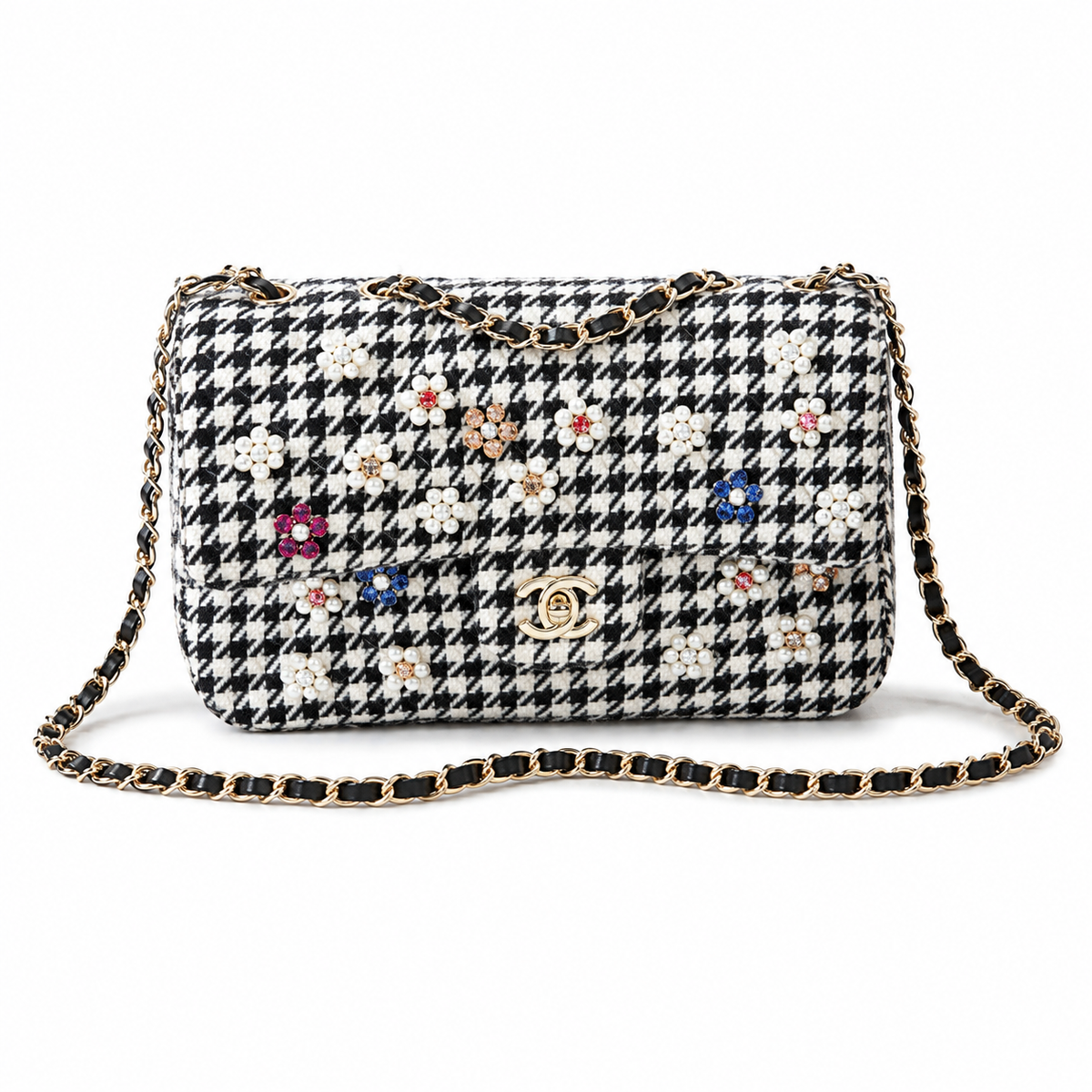 Chanel Black & White Houndstooth Tweed Box Bag with Pearl & Crystal Flower Embellishments