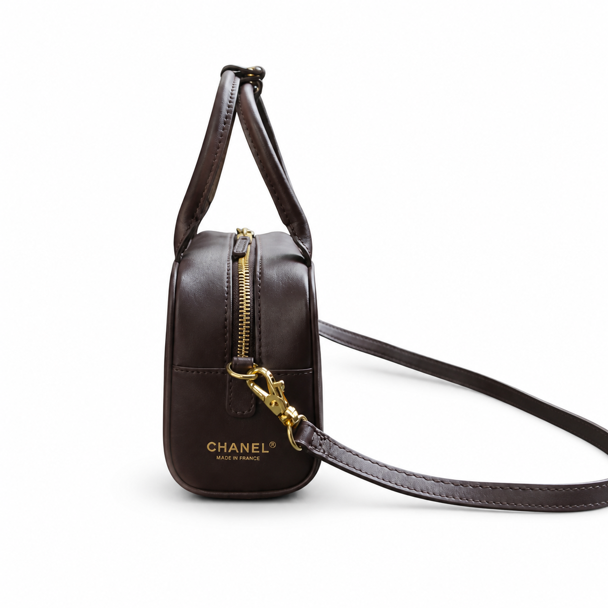 Chanel Dark Chocolate Calfskin Mini Bowling Bag | Double Gold Zipper & Chain — 21cm