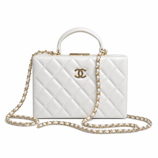 Chanel Mini Quilted Flap Bag White Lambskin | Black Enamel CHANEL Bar Clasp — 18cm